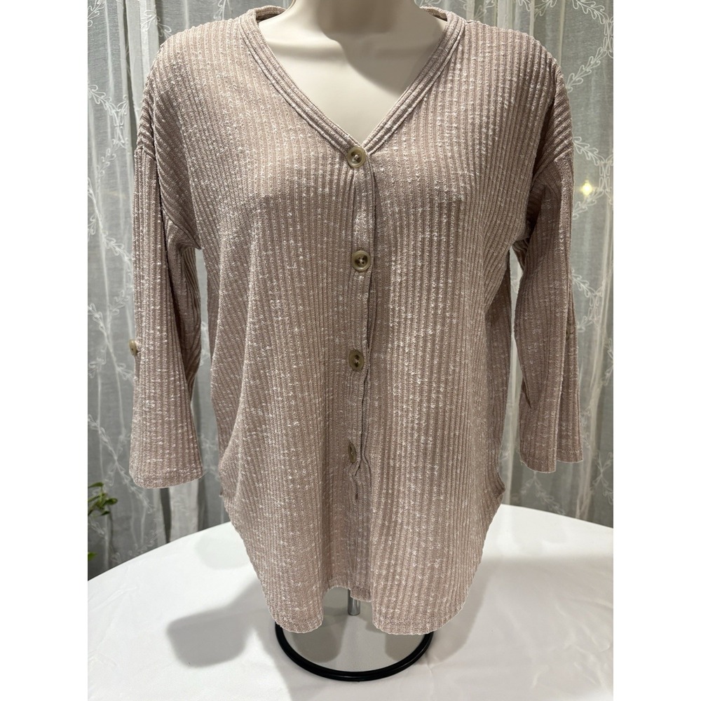 Textured Ribbed Button Front Cardigan | Soft Brown Knit with Roll-Tab Sleeves M